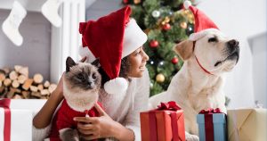 Girl sitting with cat and dog in Christmas decorations