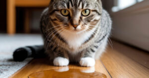 cat crouched near vomit puddle on the floor